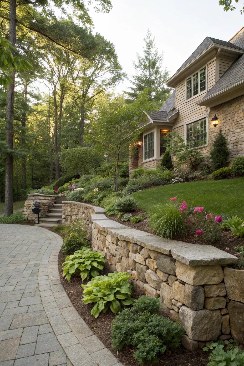 Natural stone brings elegance to this rustic retaining wall.