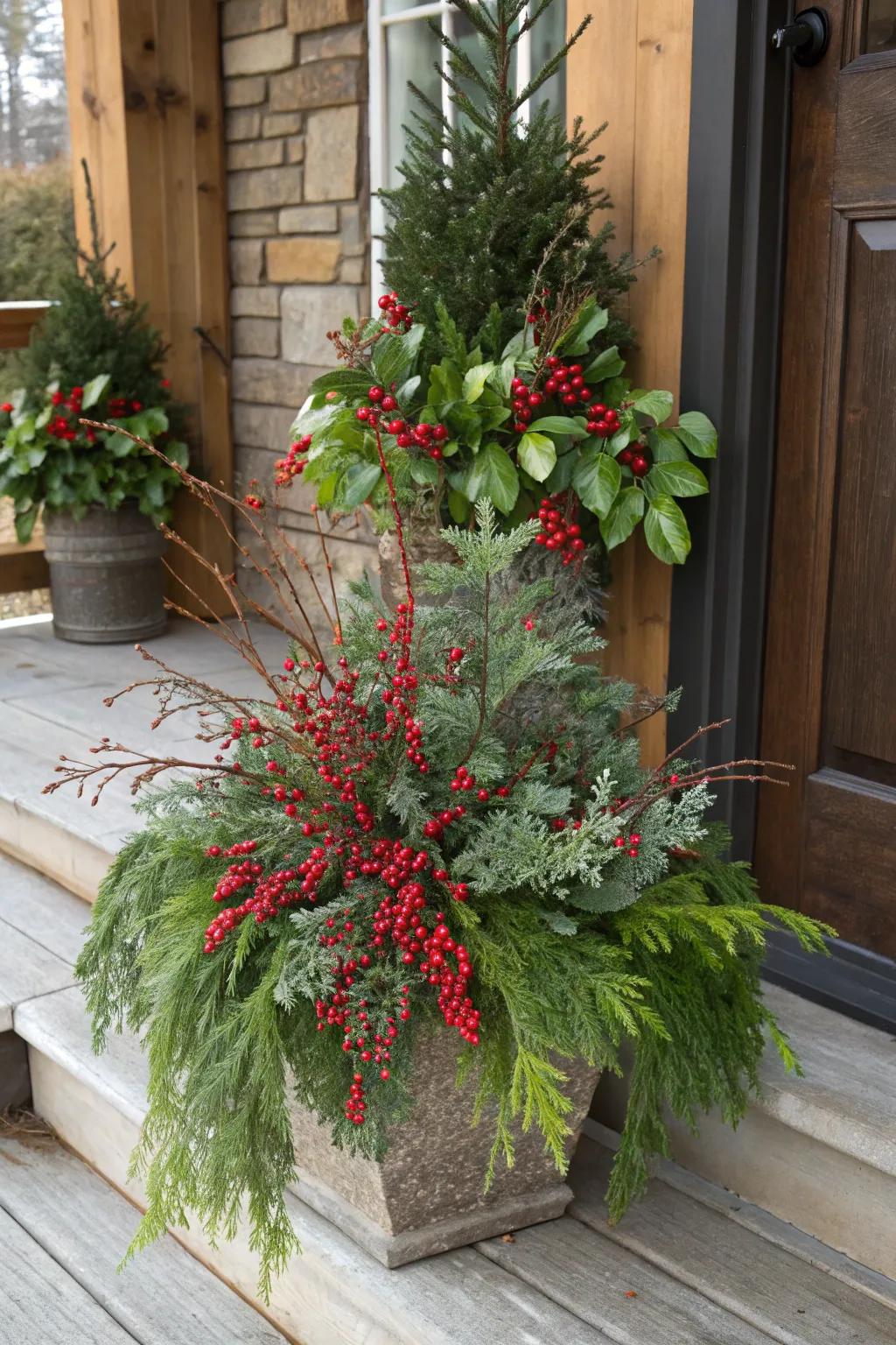 Red berries add a festive touch to evergreen arrangements.