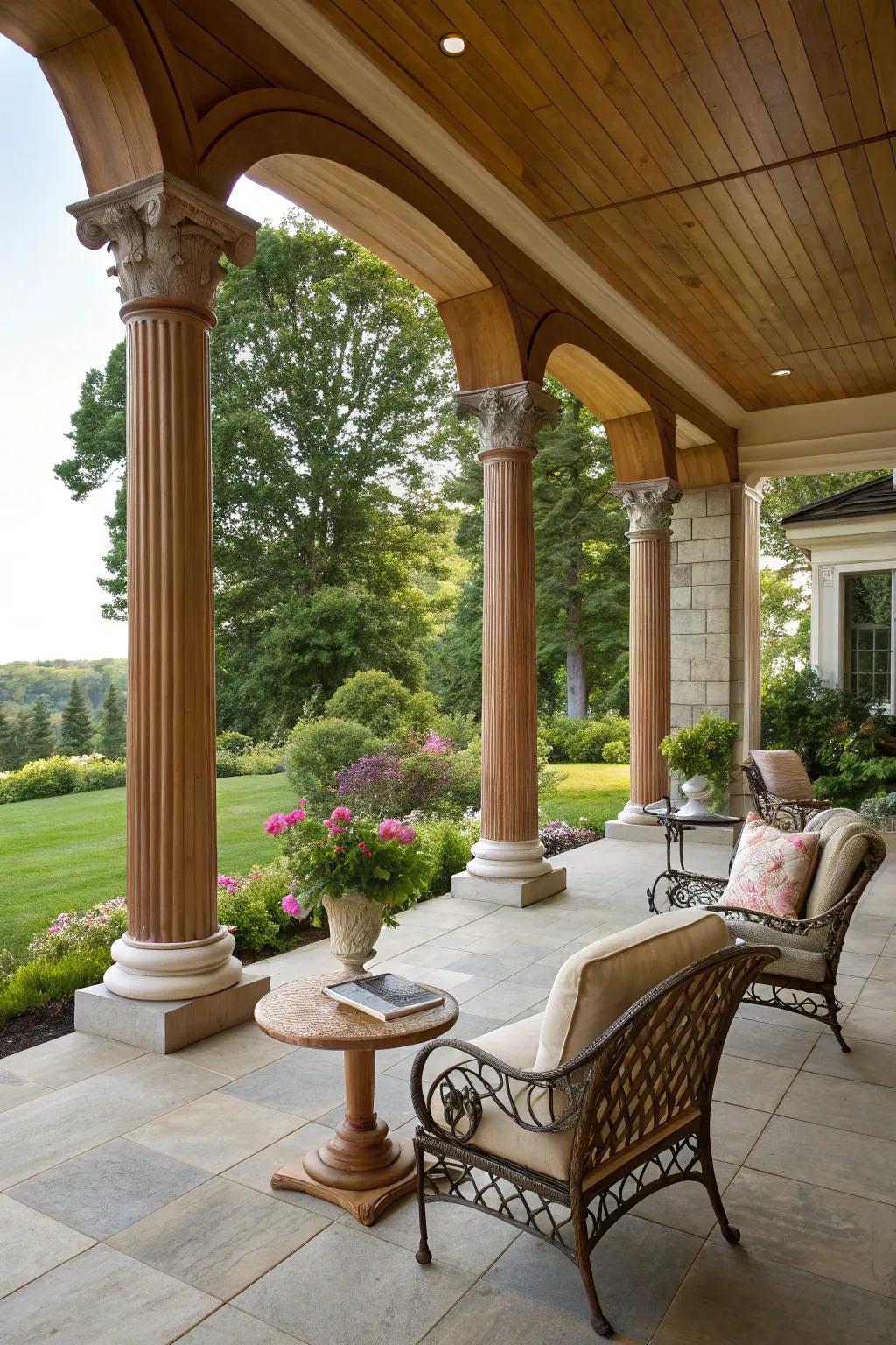 A front porch featuring elegant wooden columns and a cozy seating area.