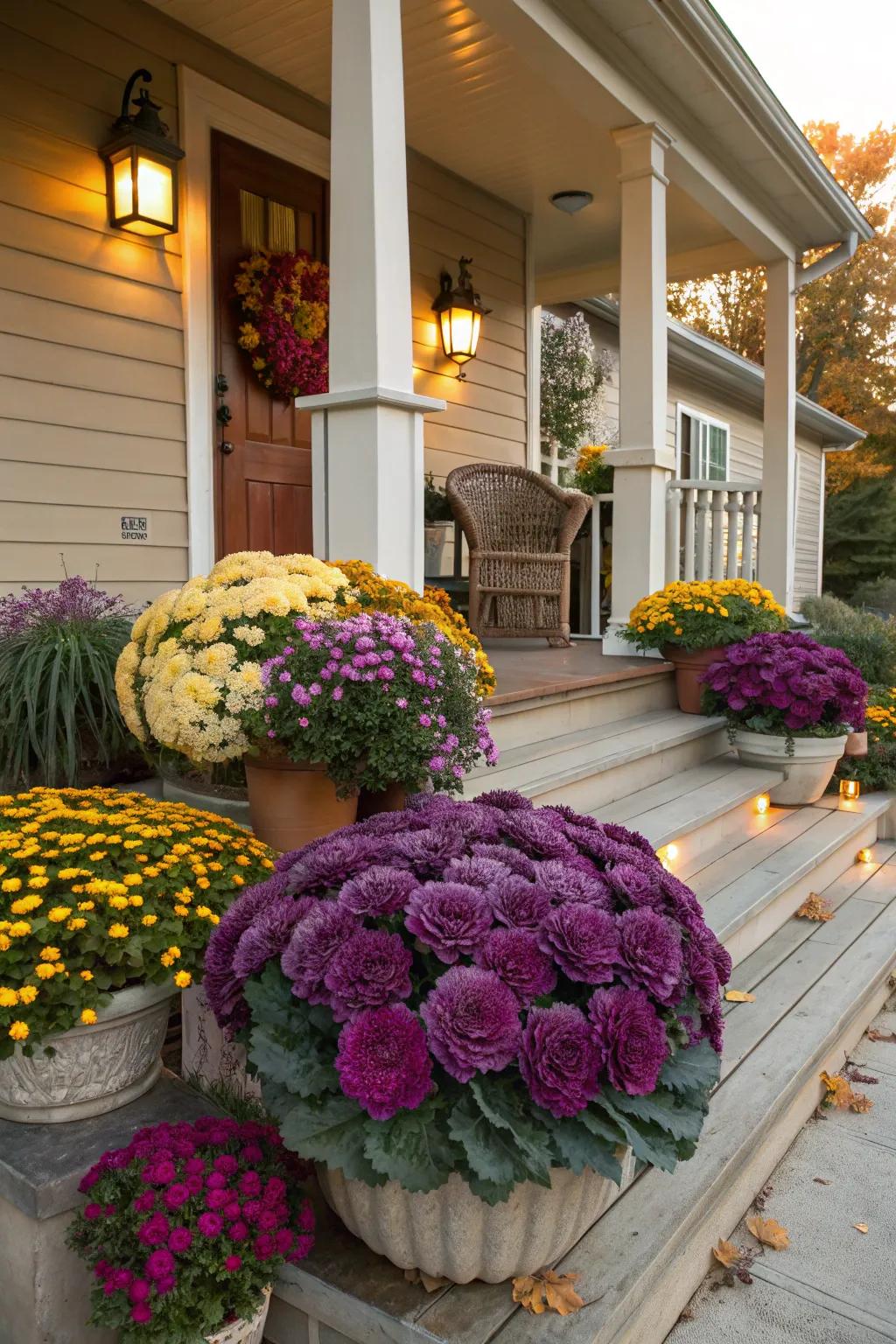 Bright mums and cabbages adding life to a fall porch.