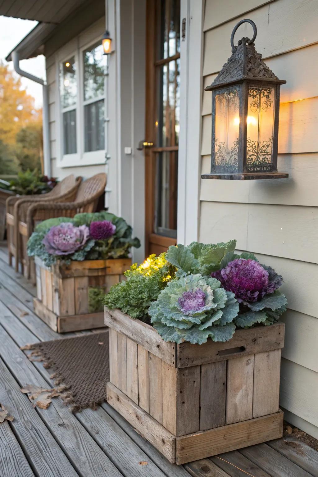Ornamental cabbage in crates adds a rustic charm.