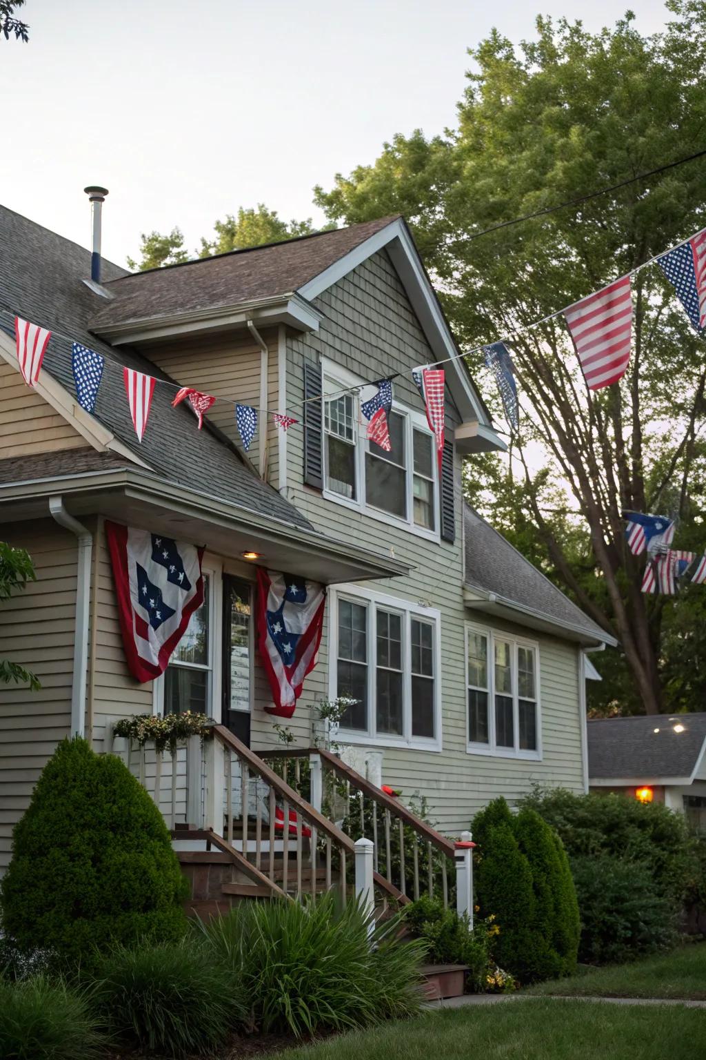 Small flag buntings create an elegant frame for windows.