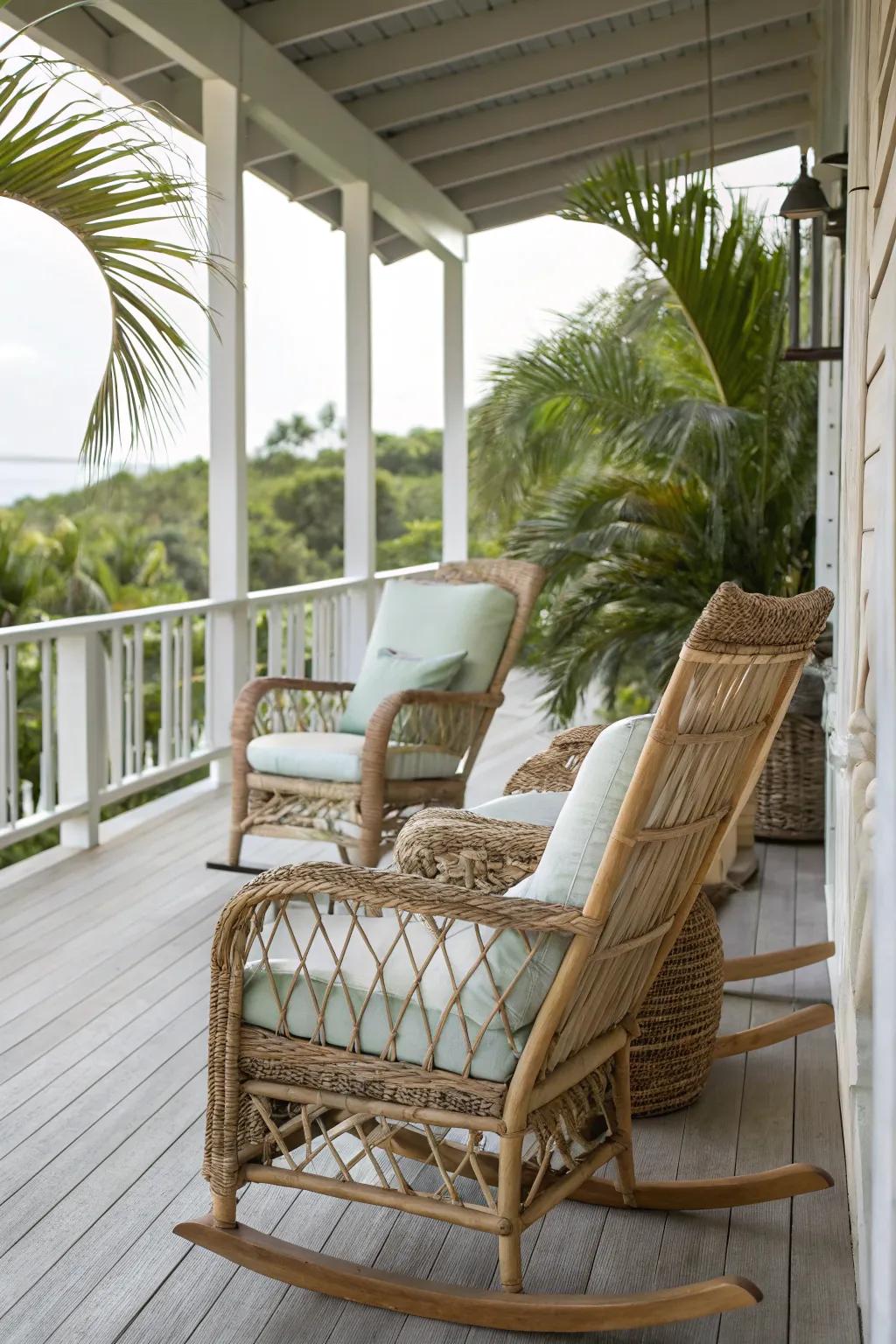 Coastal wicker furniture adds a relaxing vibe to your porch.