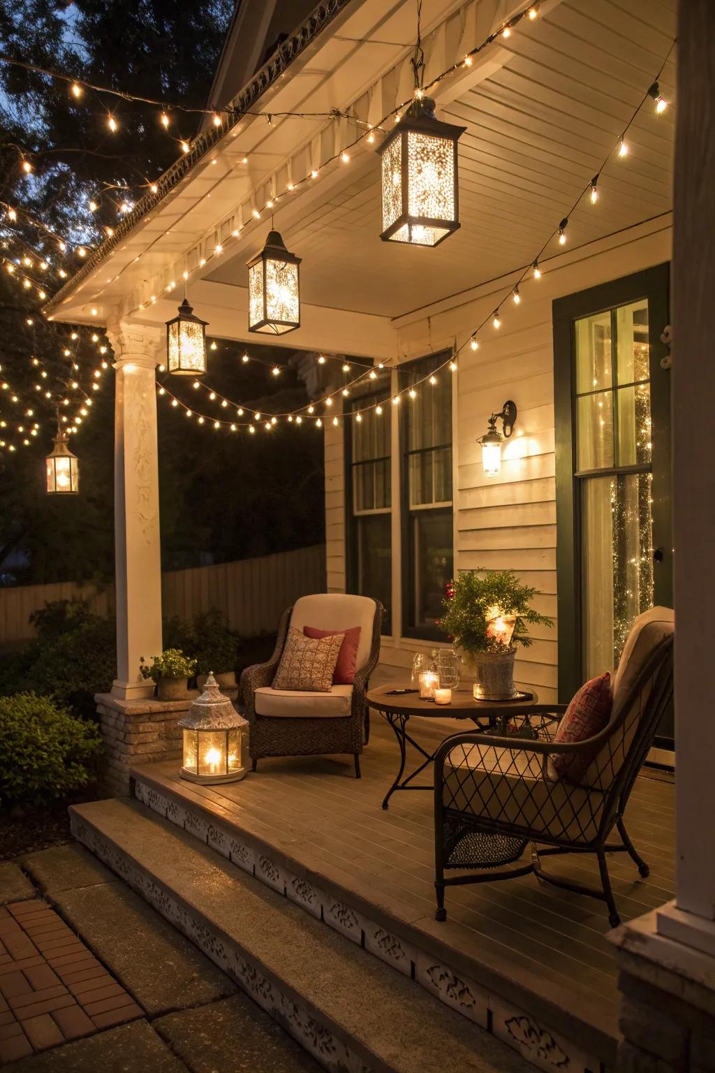Enchanting lighting creates a welcoming evening retreat.