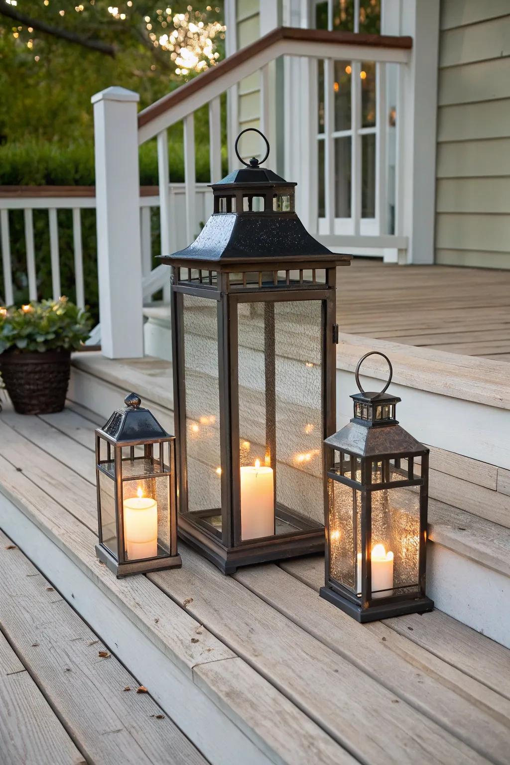 Layering lanterns in different sizes adds depth to your decor.