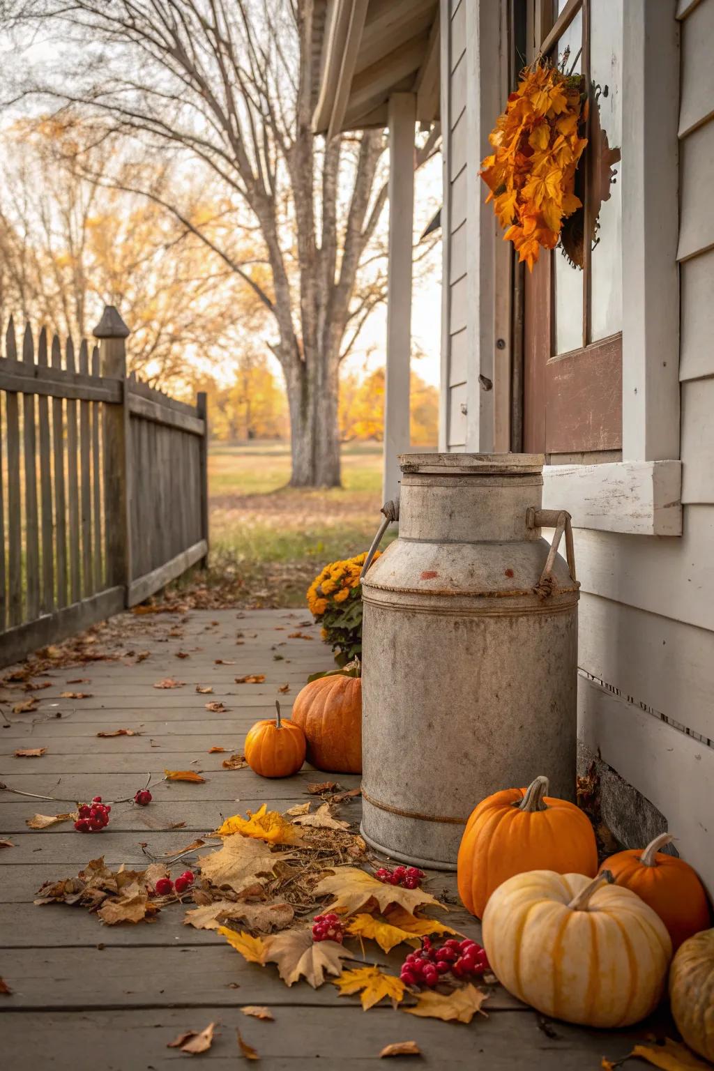 Bring autumn to your porch with a festive milk can display.
