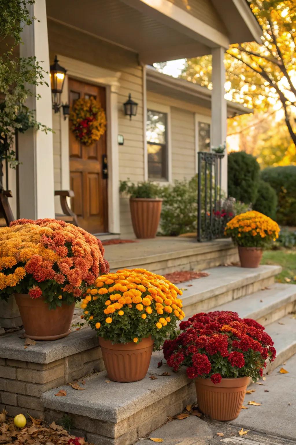 Bright chrysanthemums in vibrant fall colors add charm to the porch.