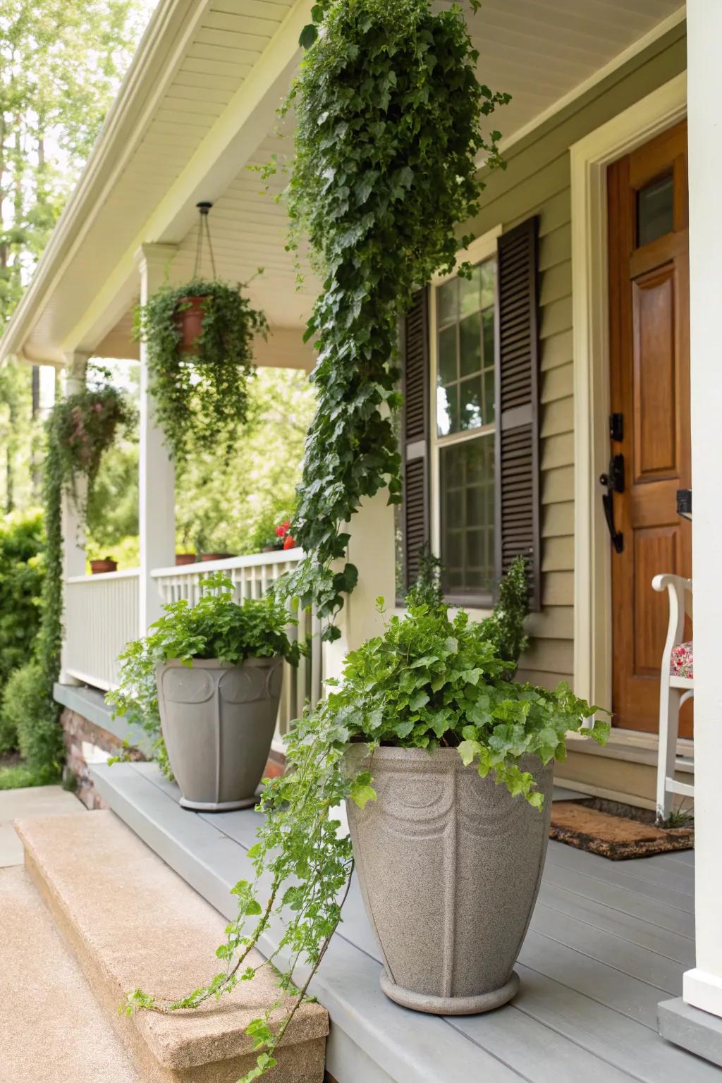 Planters of different heights add visual interest to any porch.