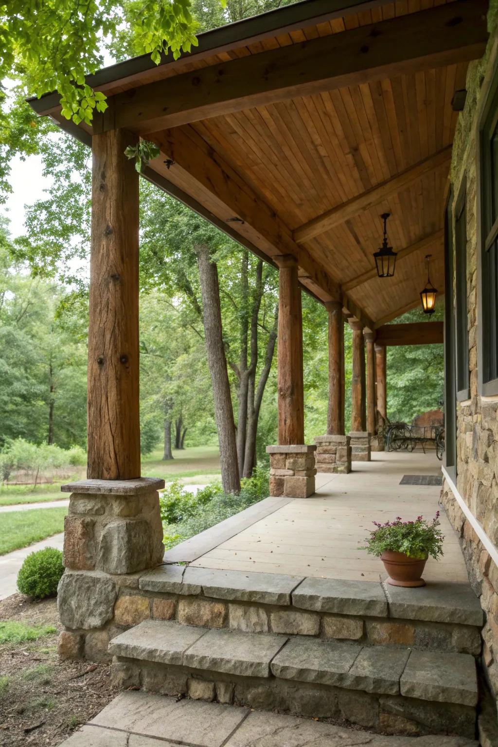 Rustic wooden posts offering a warm and inviting look to the porch.