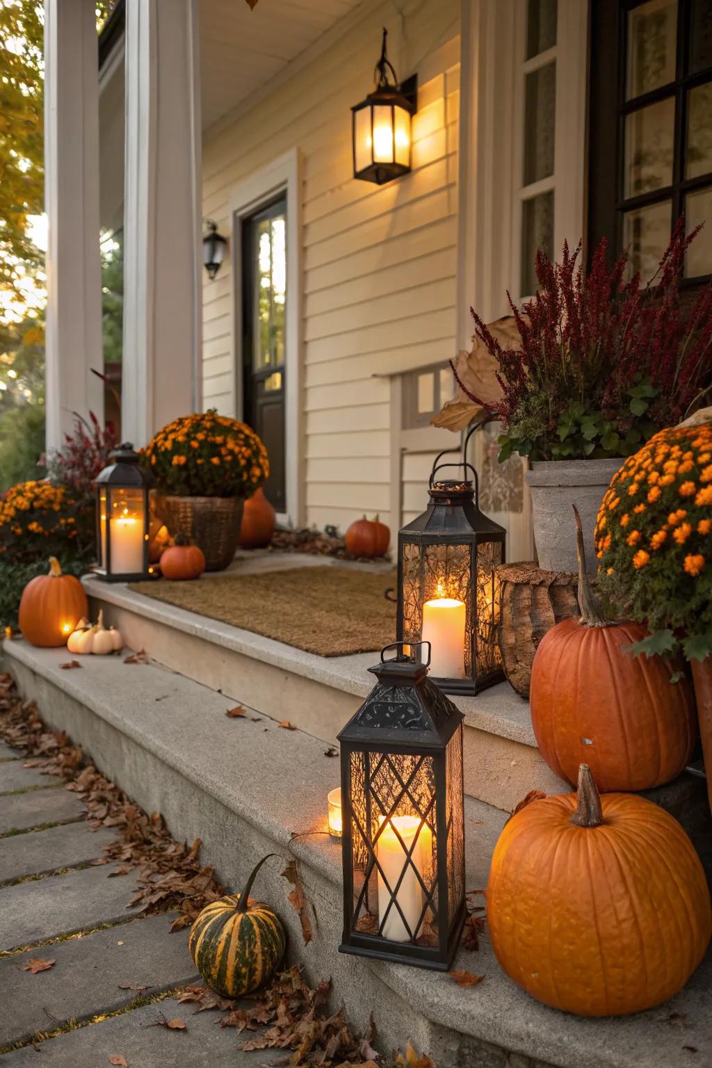 Lanterns nestled among pumpkins create a warm, inviting glow.