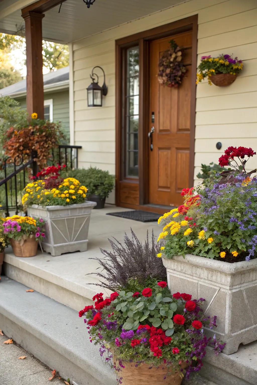 Front porch featuring built-in planters with seasonal blooms.