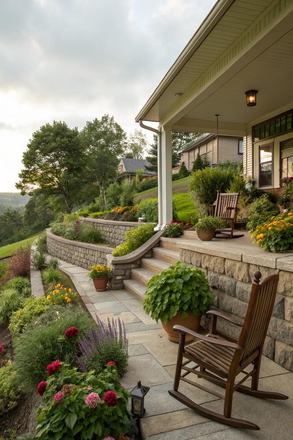 Terraced garden seamlessly integrated into a retaining wall.