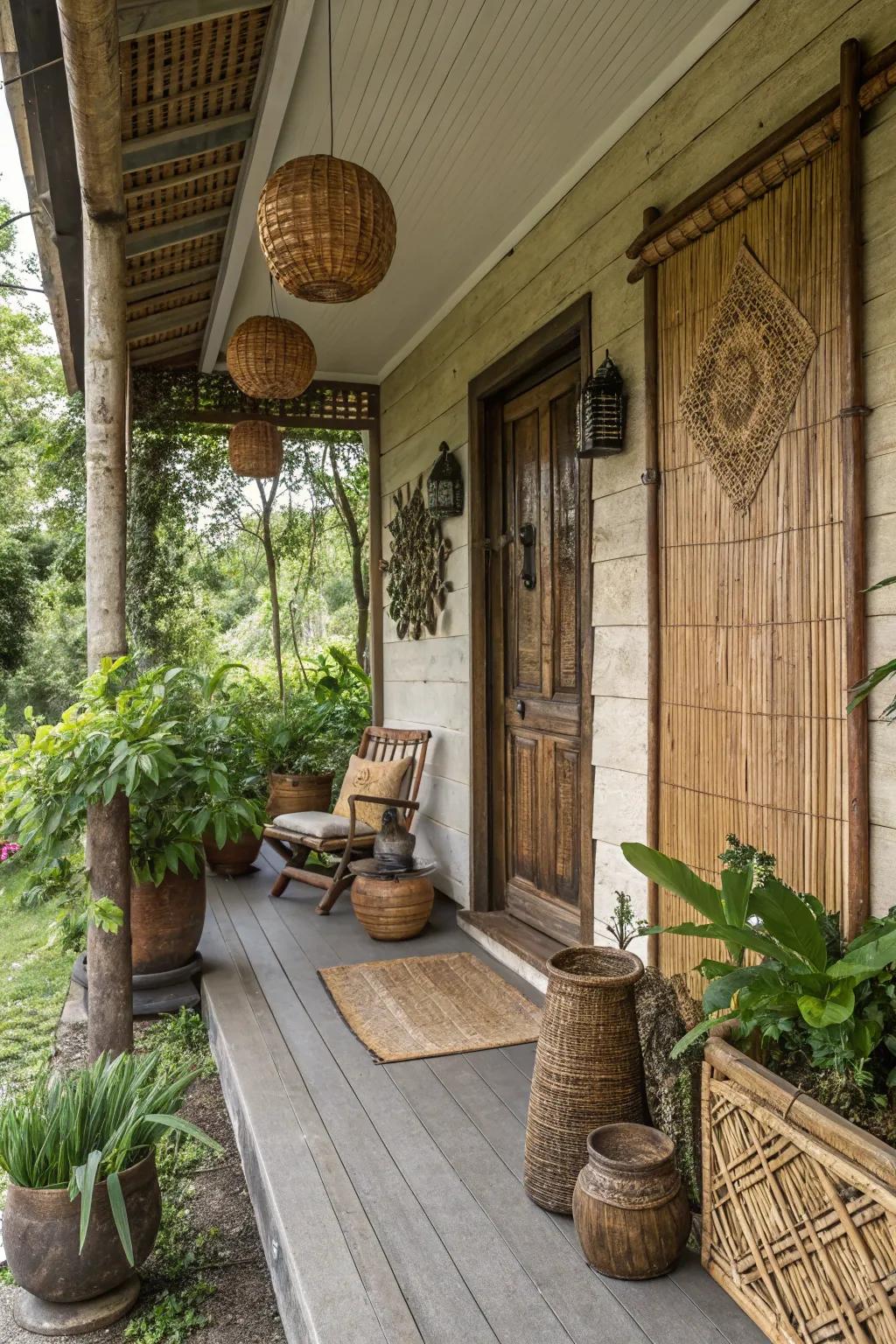 A rustic porch featuring bamboo screens and earthy decor elements.
