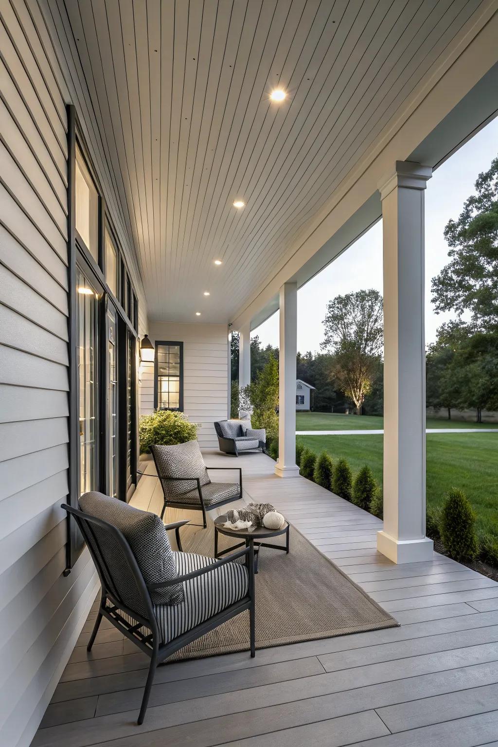 Modern front porch featuring sleek vertical panel siding.