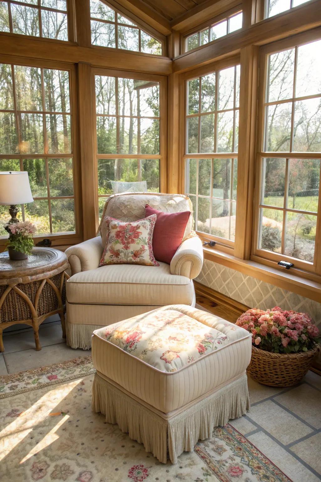 A cozy nook with plush seating and colorful cushions in a sunroom.