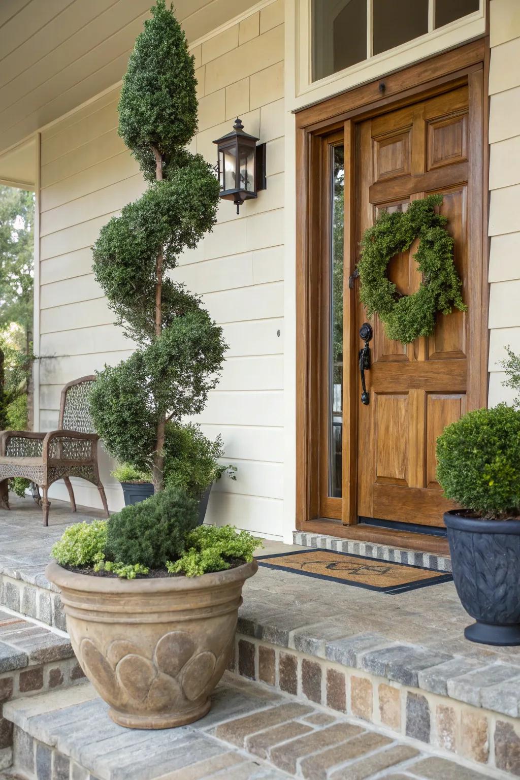 Spiral topiaries add a playful touch to the entrance.