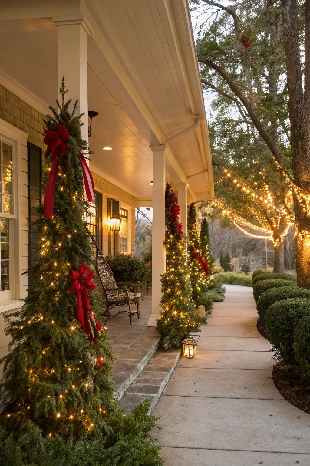 Holiday-decorated trees bring festive joy to the porch.