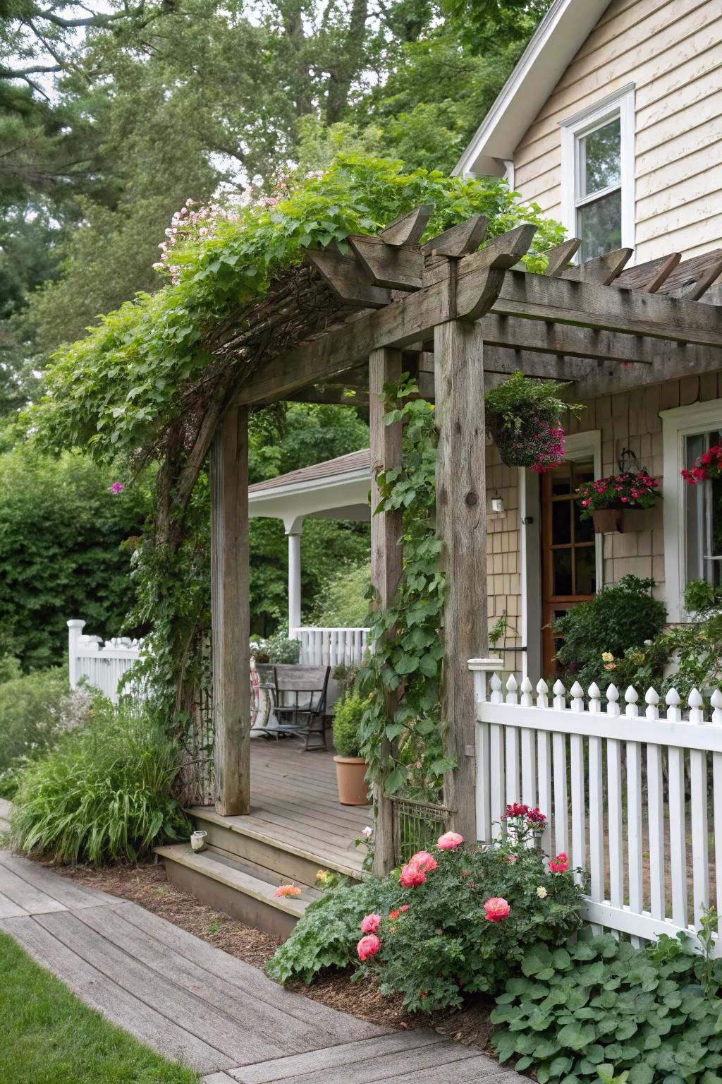 A rustic wooden trellis enhancing the natural beauty of the front porch.