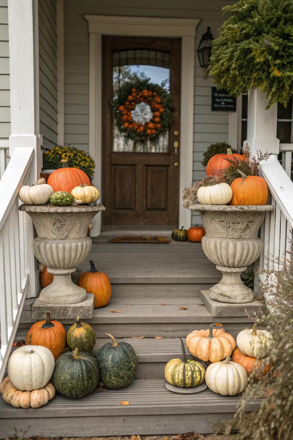 Transform your urns into a festive fall display with pumpkins.