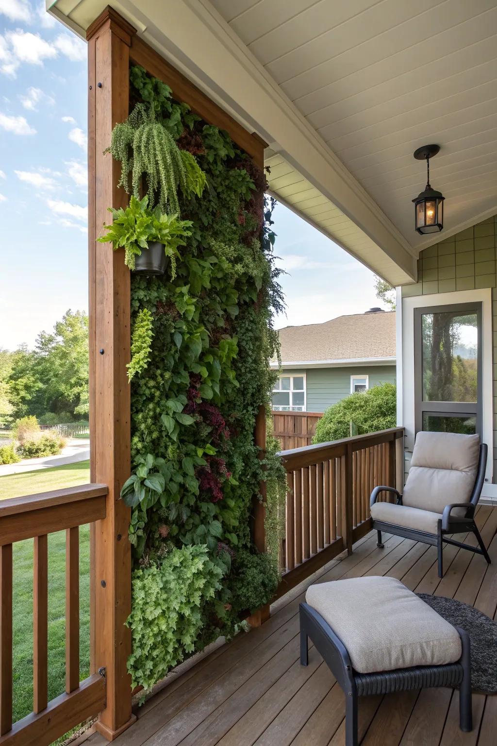A vertical garden panel brings life to the porch wall