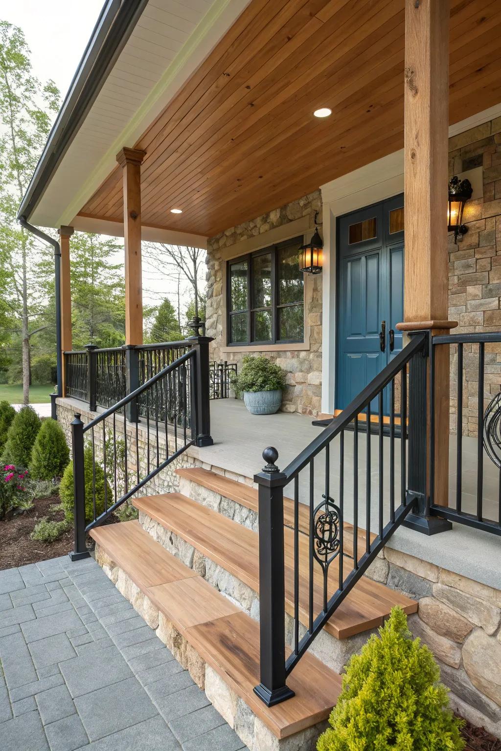 A harmonious blend of materials creates a textured porch aesthetic.