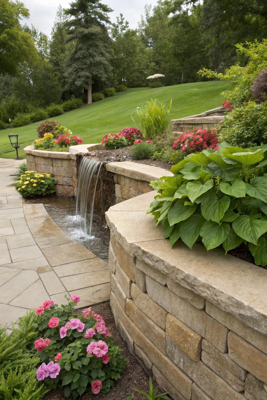 Create a tranquil ambiance with a waterfall in your retaining wall.