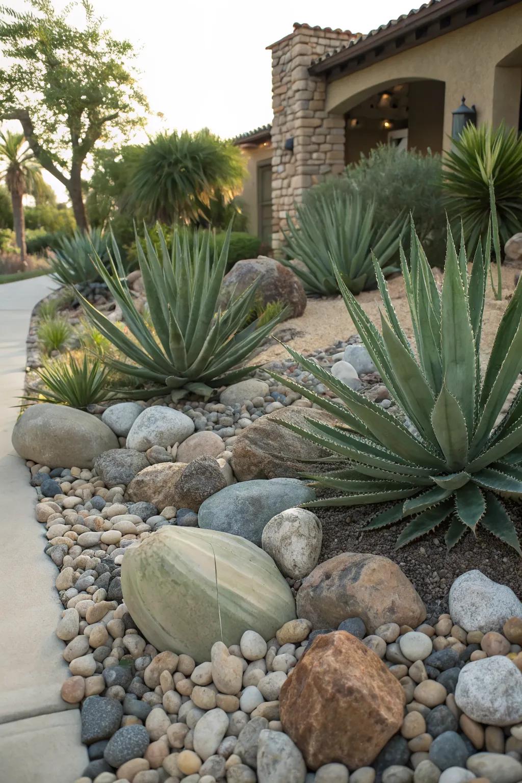 Create a desert oasis with rocky accents.