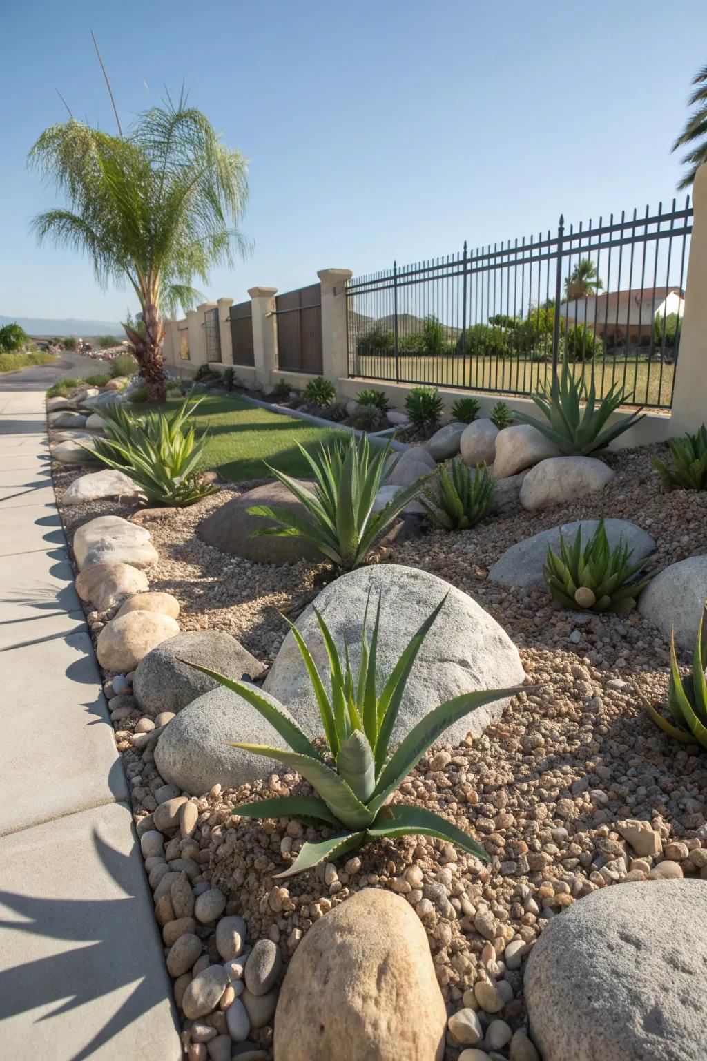 Aloe vera adds elegance to a minimalist rock garden