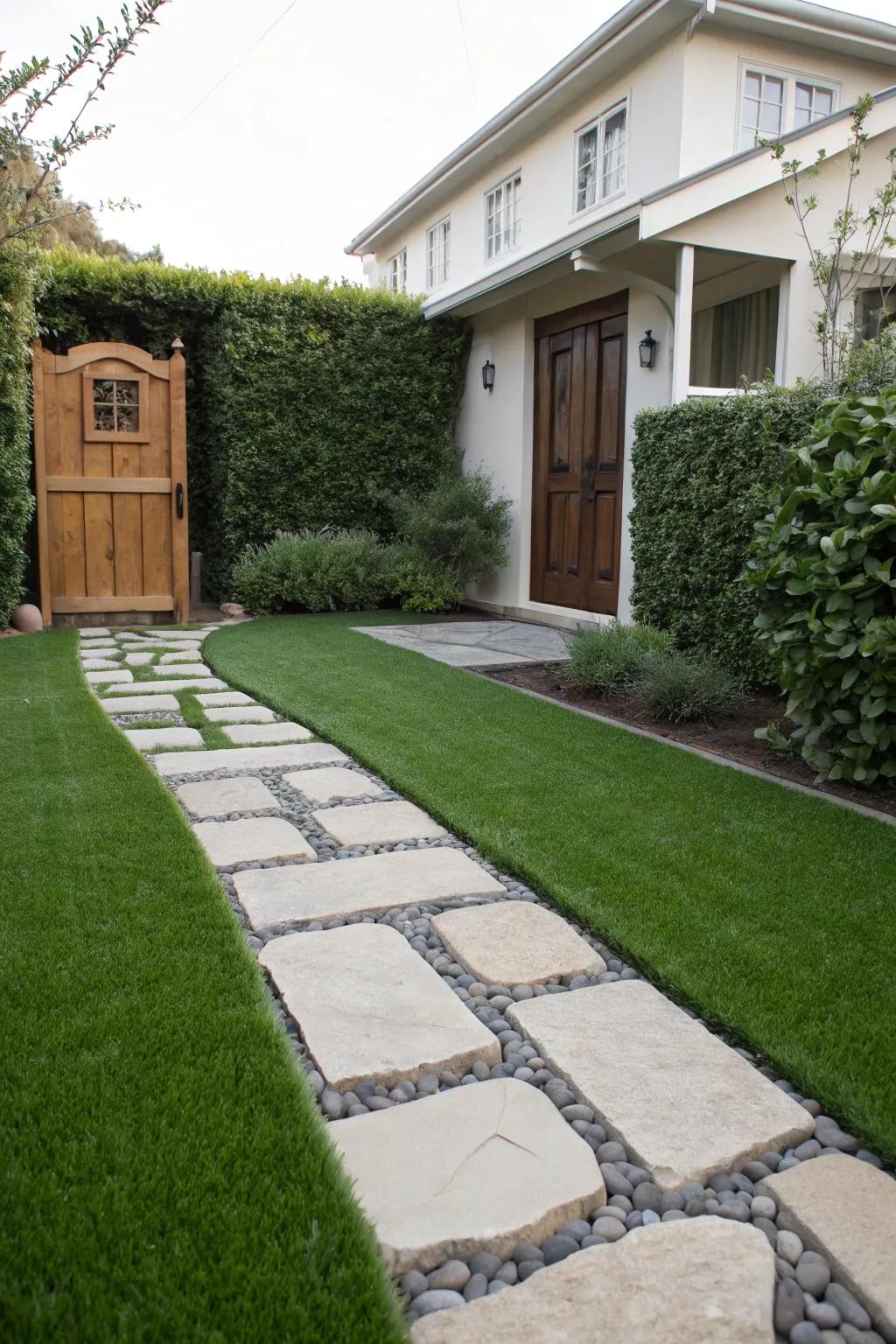Inviting stone pathway cutting through lush artificial grass.