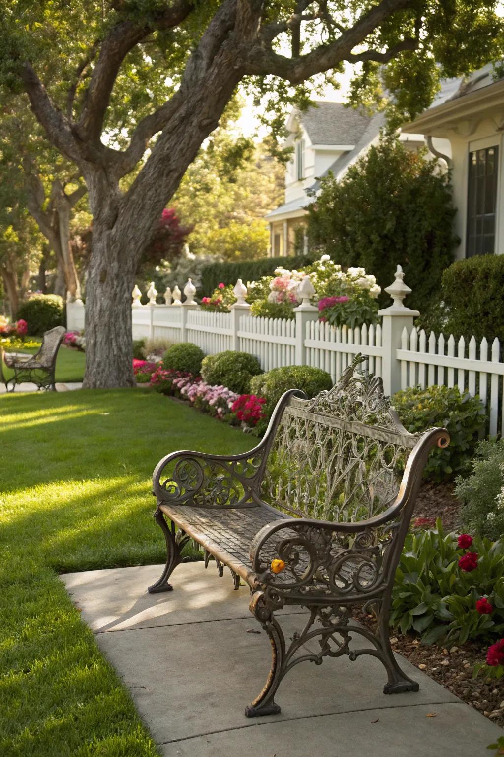 An ornate metal bench adds elegance and style to your outdoor space.