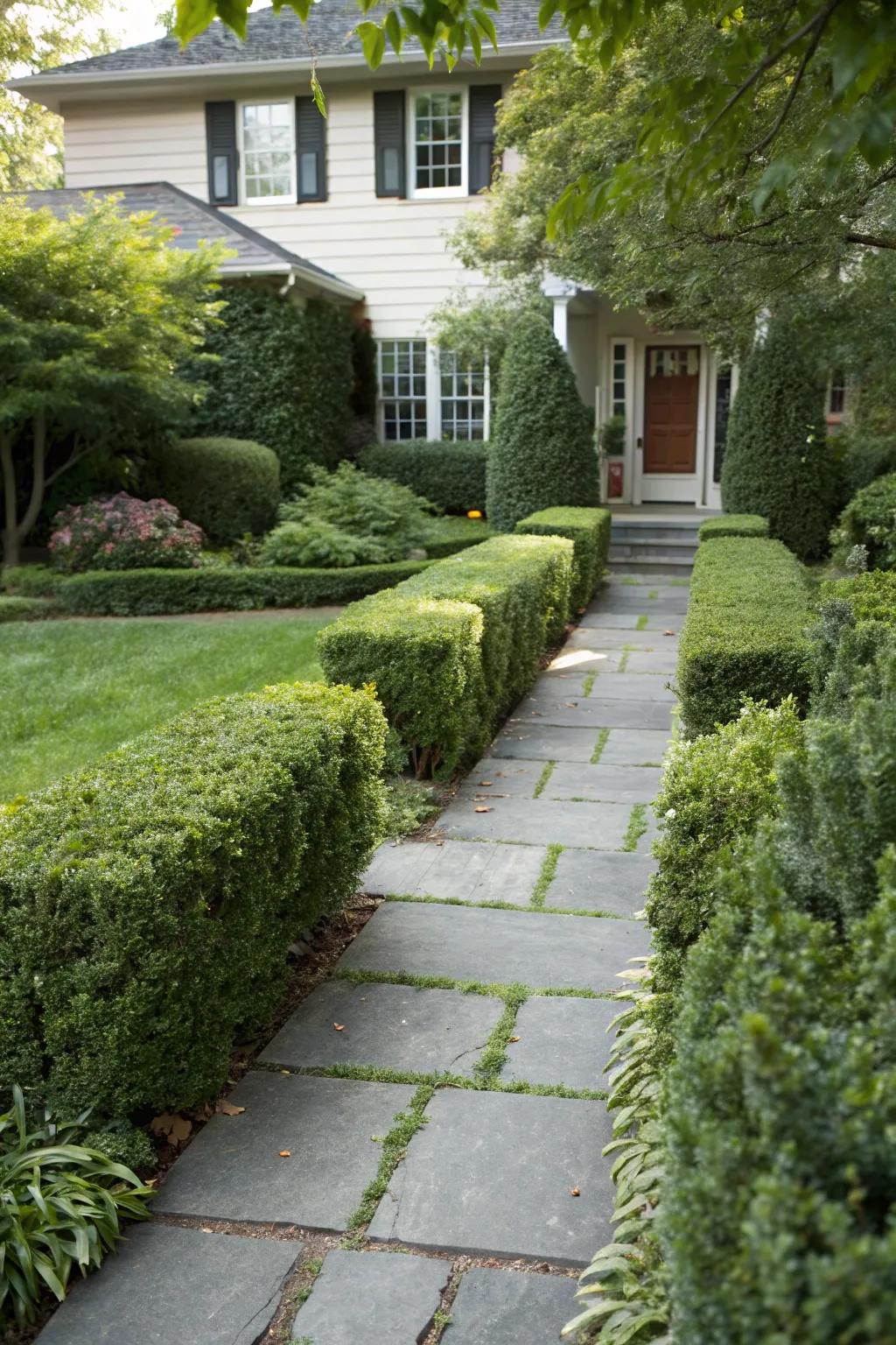 Boxwoods line pathways, offering a structured, neat appearance.