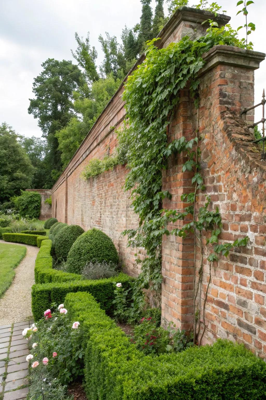 Lush greenery against brick creates a timeless contrast.