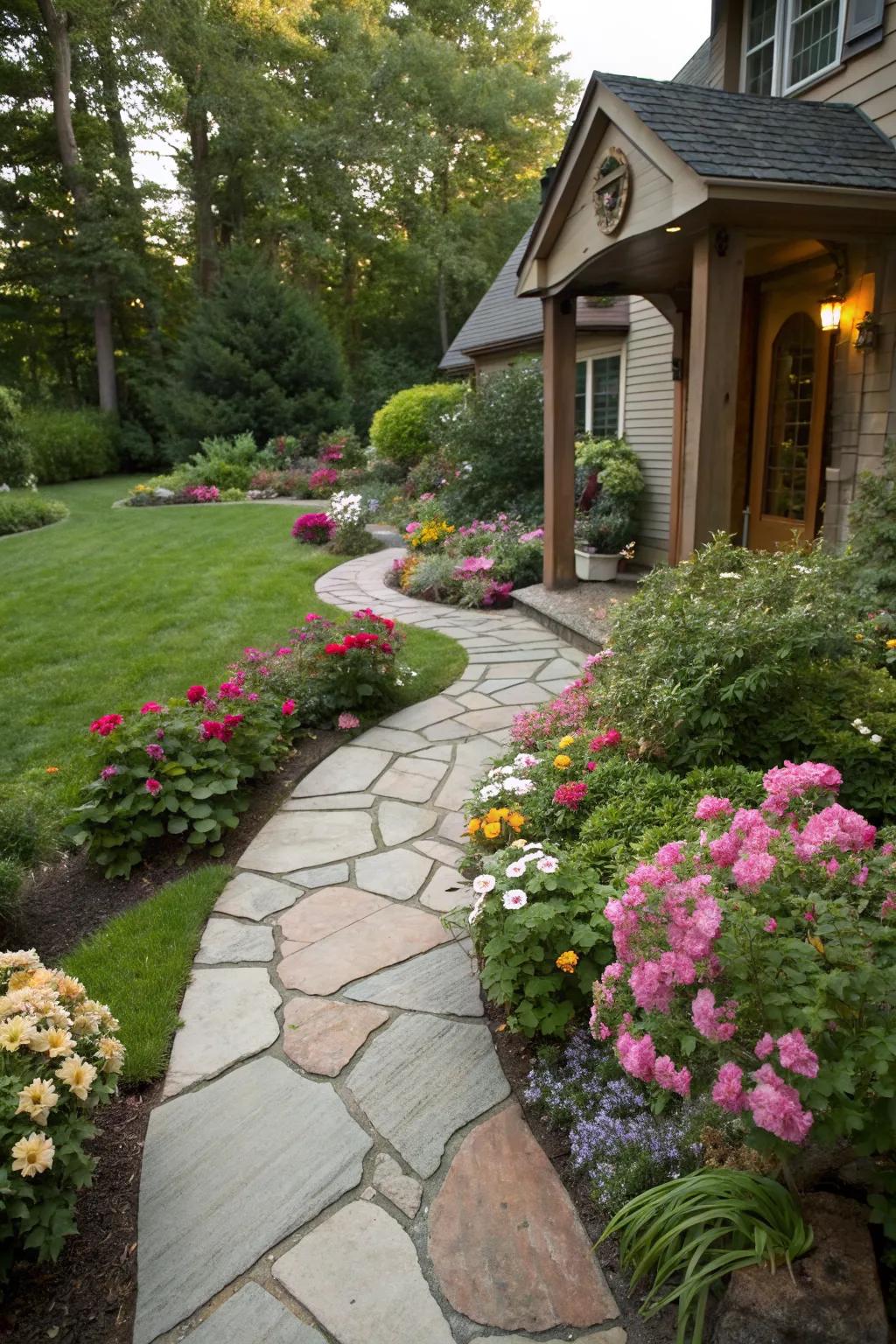 Stone paths provide a textured and structured division in the front yard.
