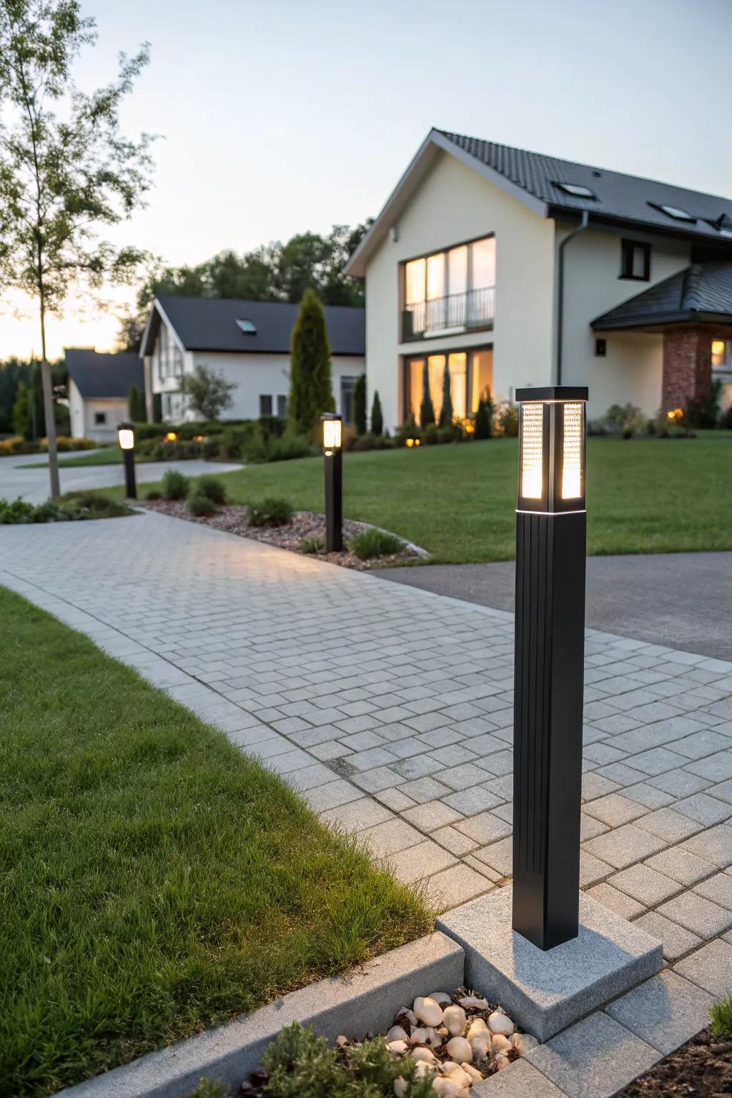 Sleek modern light post enhancing a contemporary driveway's aesthetics.