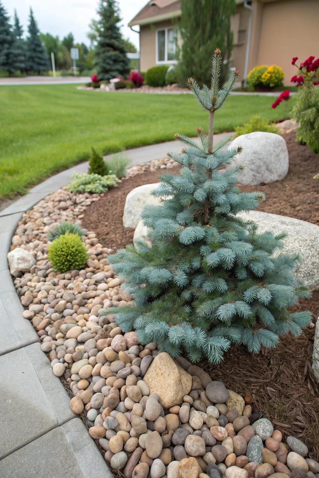 Create depth by combining dwarf blue spruce with decorative rocks.