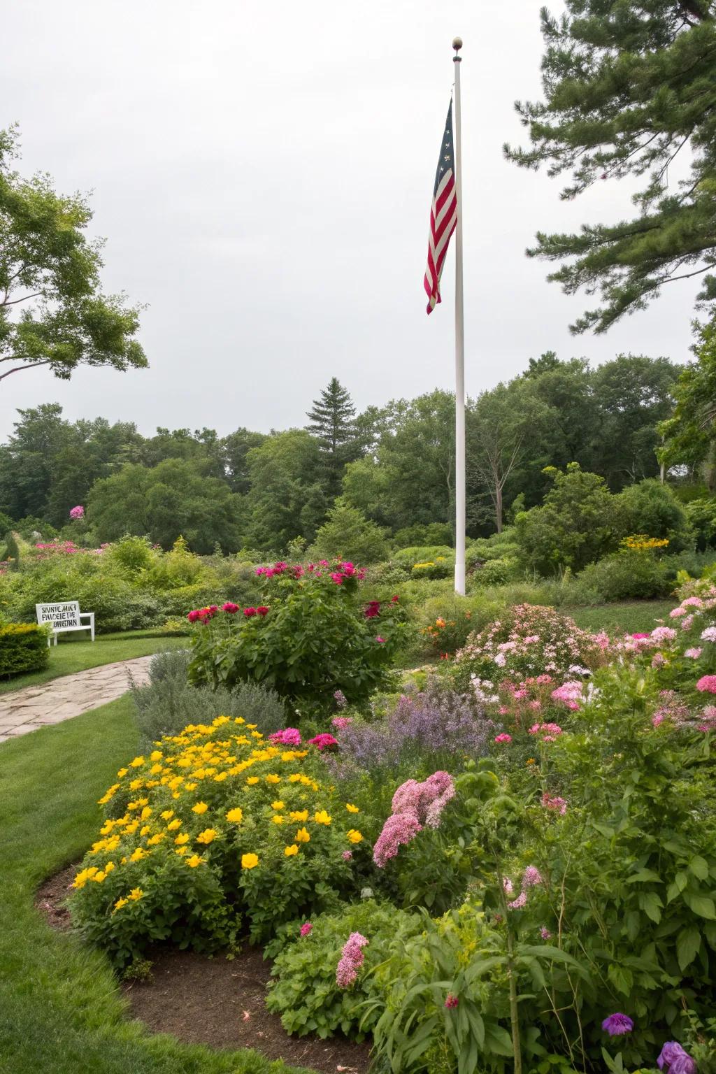 A flagpole integrated into a garden bed adds natural elegance.