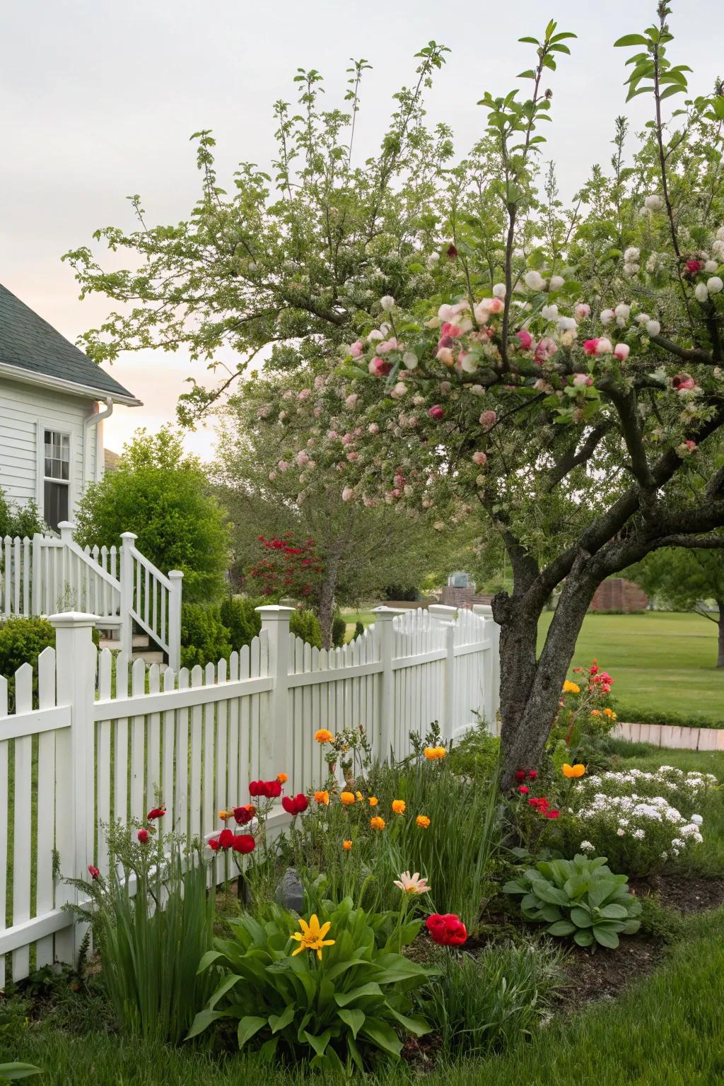 Espaliered apple trees blend artistry with utility in the garden.