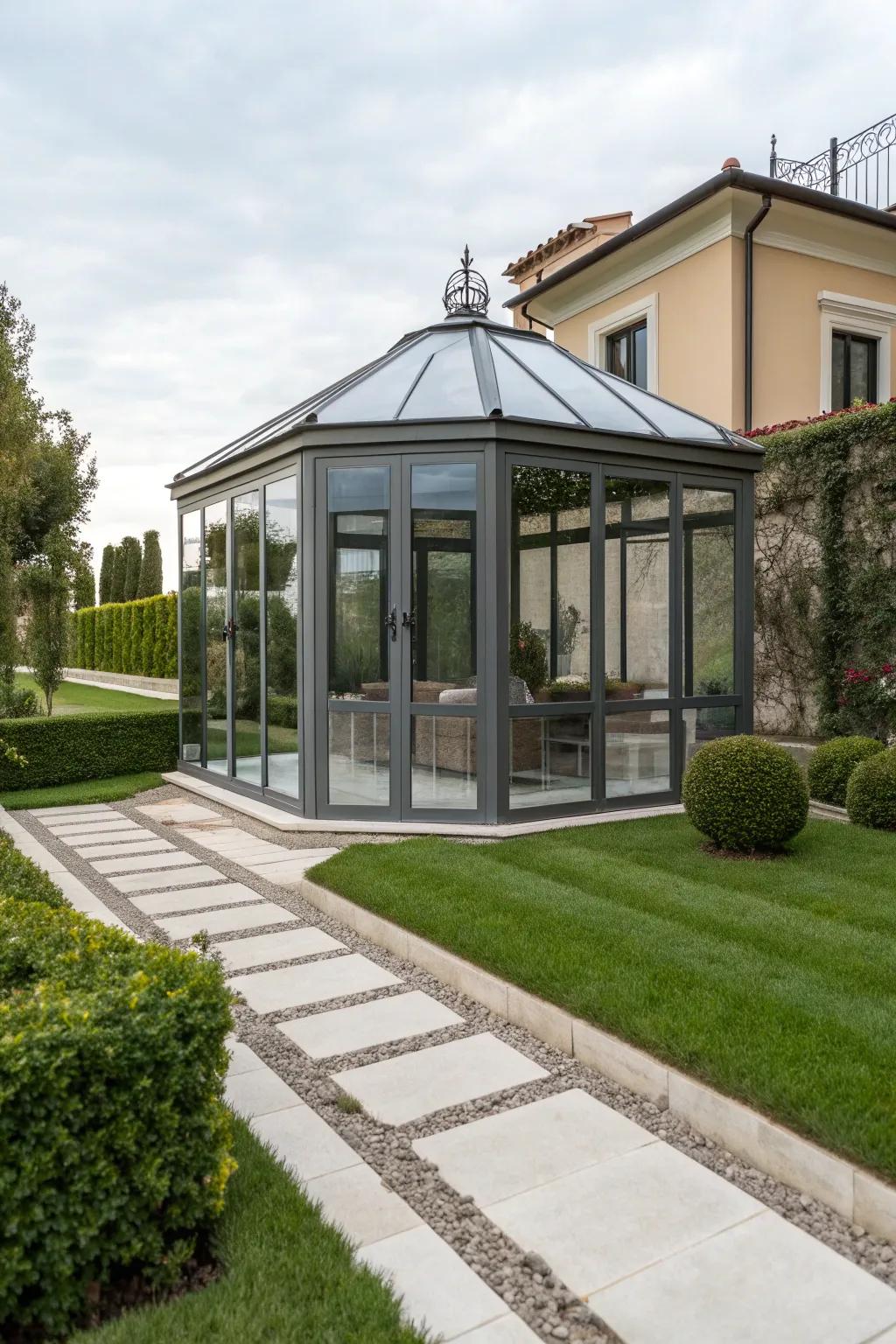 A modern minimalist gazebo adds a touch of elegance and sophistication.