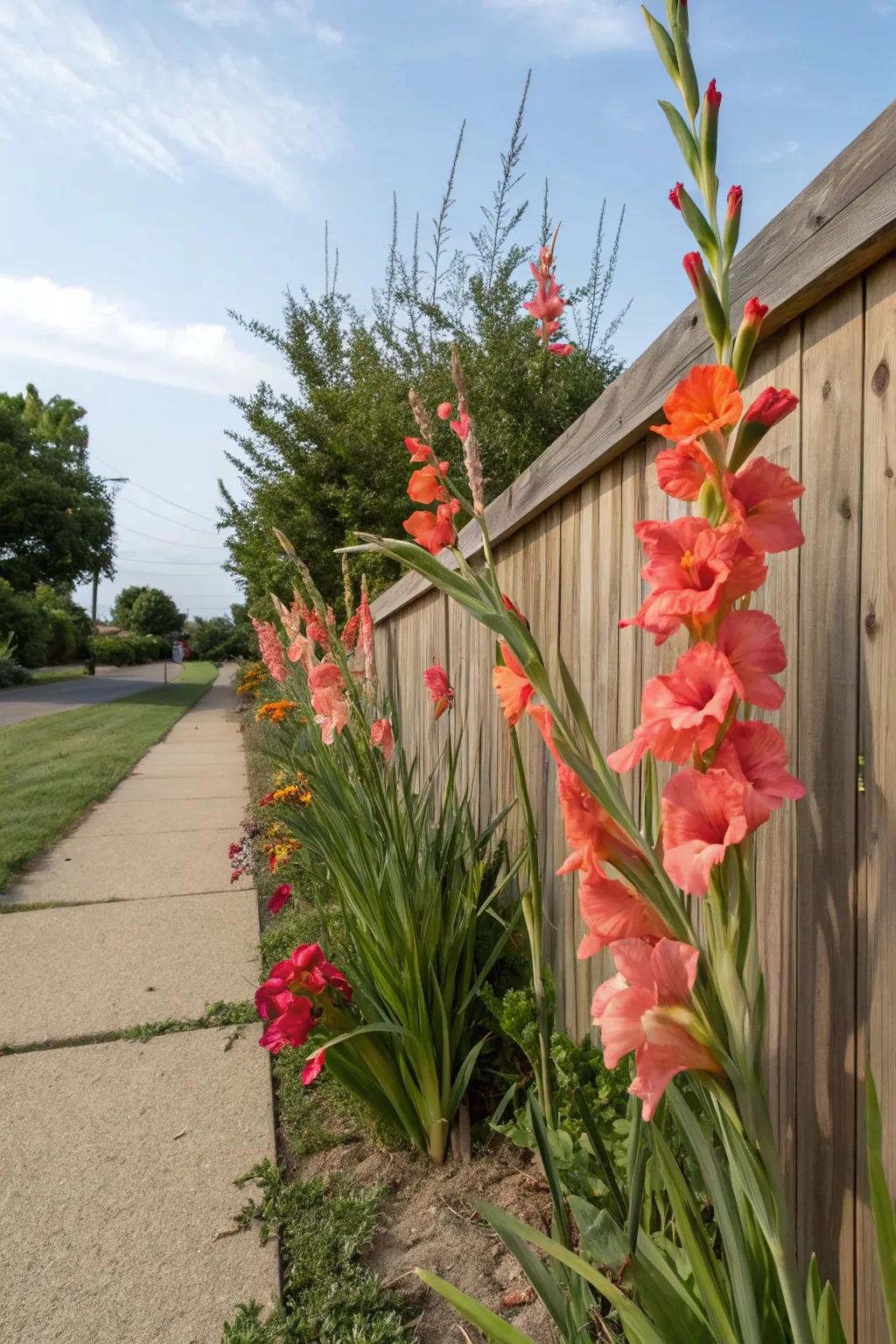 Tall gladiolus flowers create a dramatic vertical display against a wooden fence.
