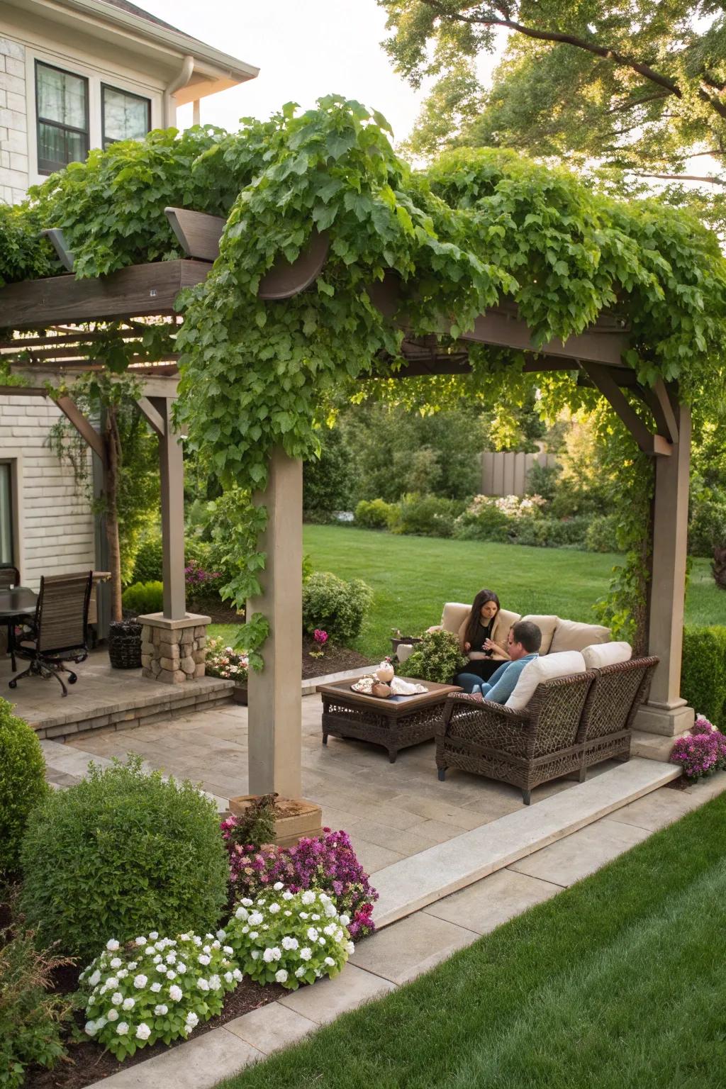 A pergola transforms the front yard into a shady paradise.