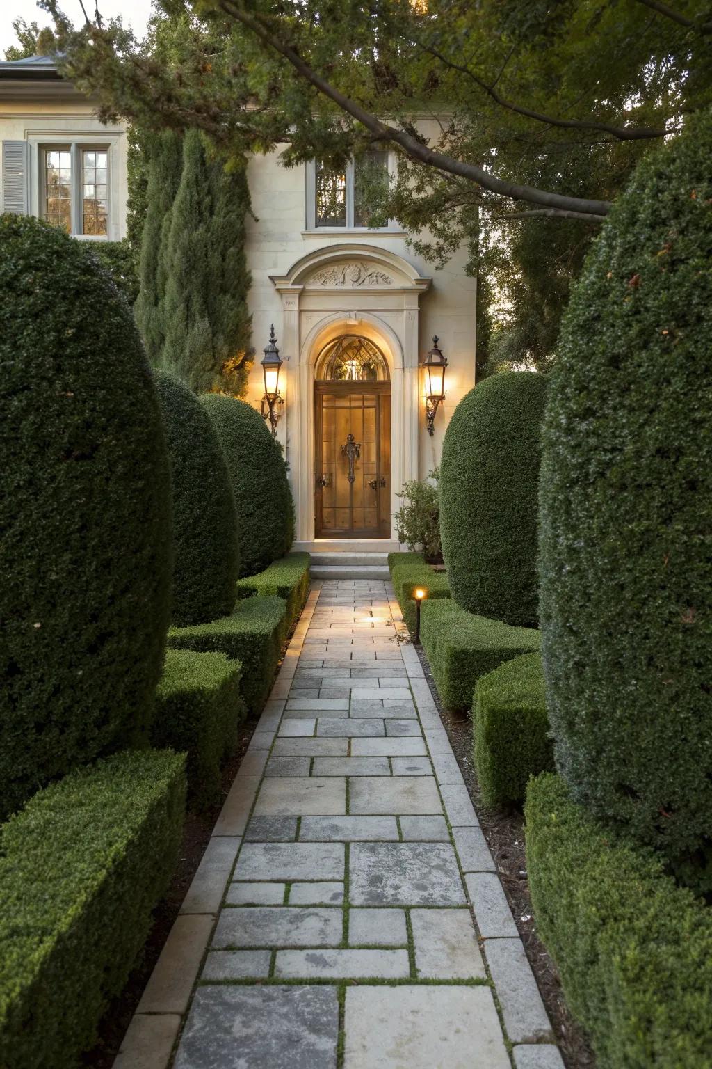 Enhance your home's entrance with symmetrical hedge designs.