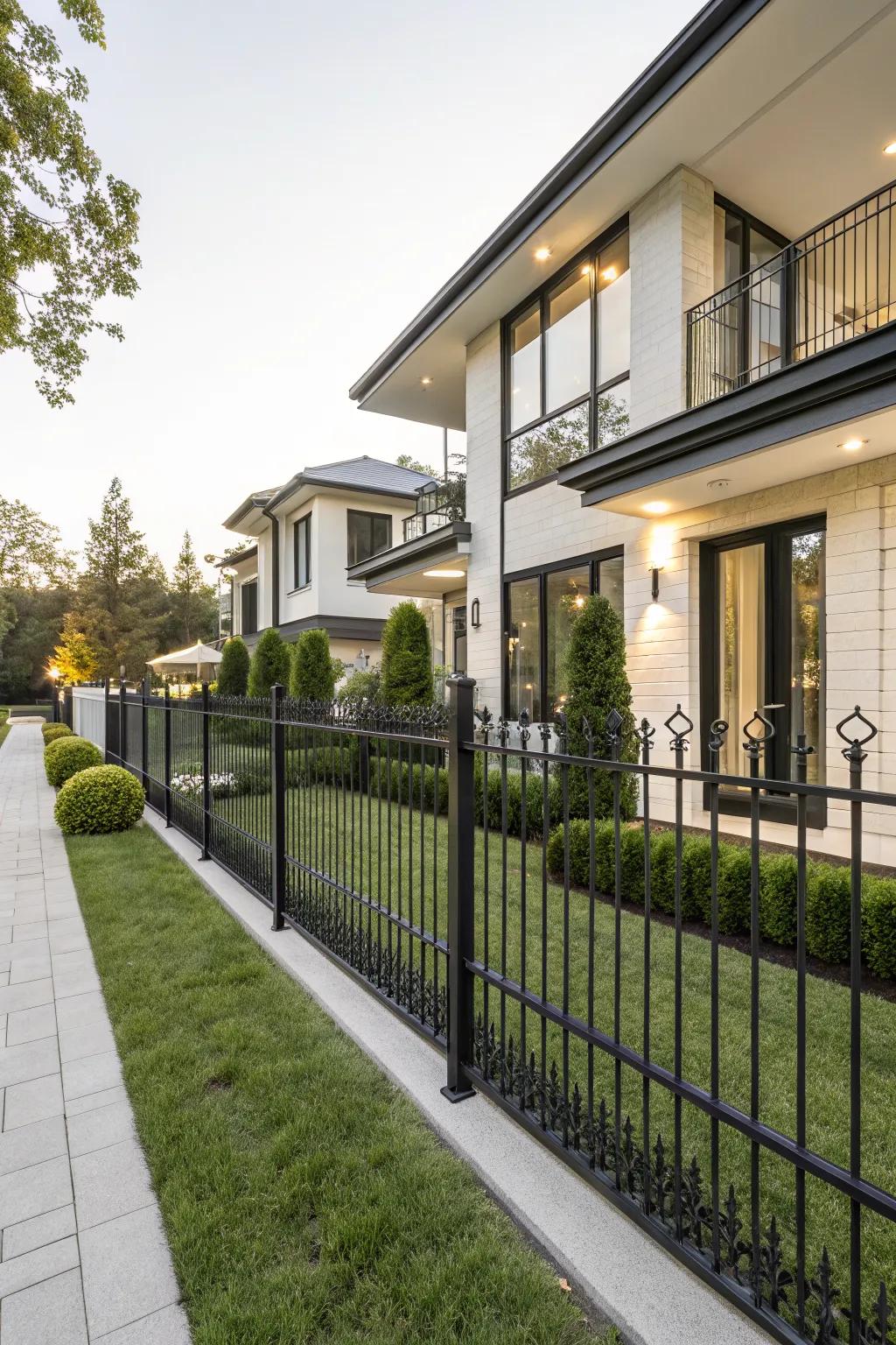 A modern minimalist iron fence enhances the sleek architecture of this home.