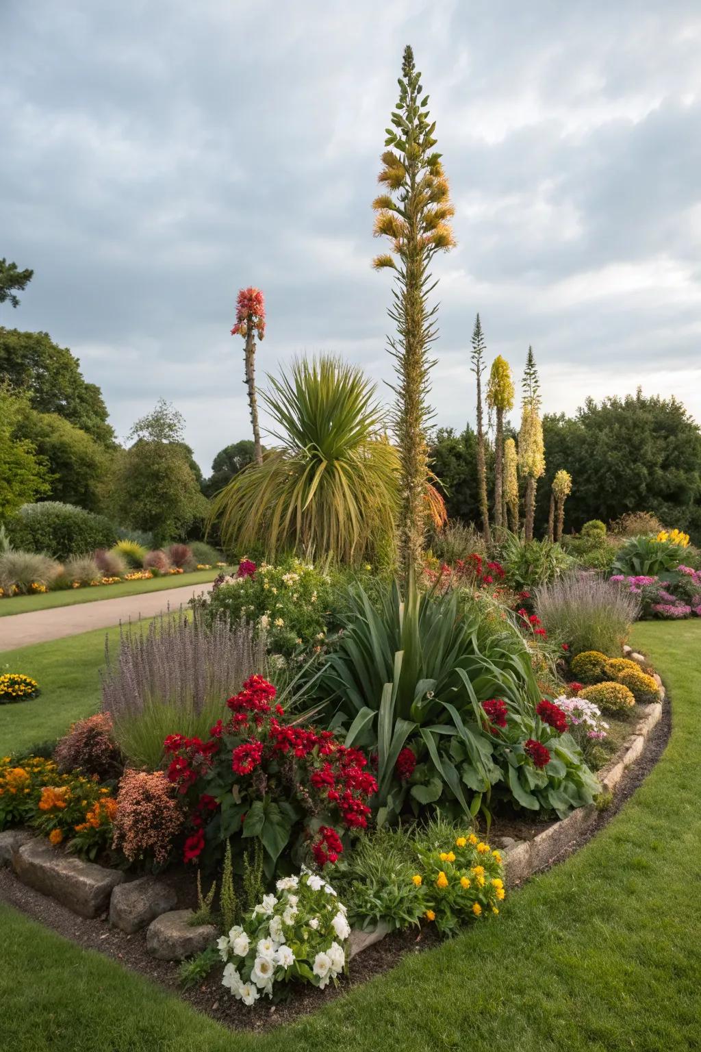 A layered island flower bed with tall plants at the center and shorter foliage around the edges.