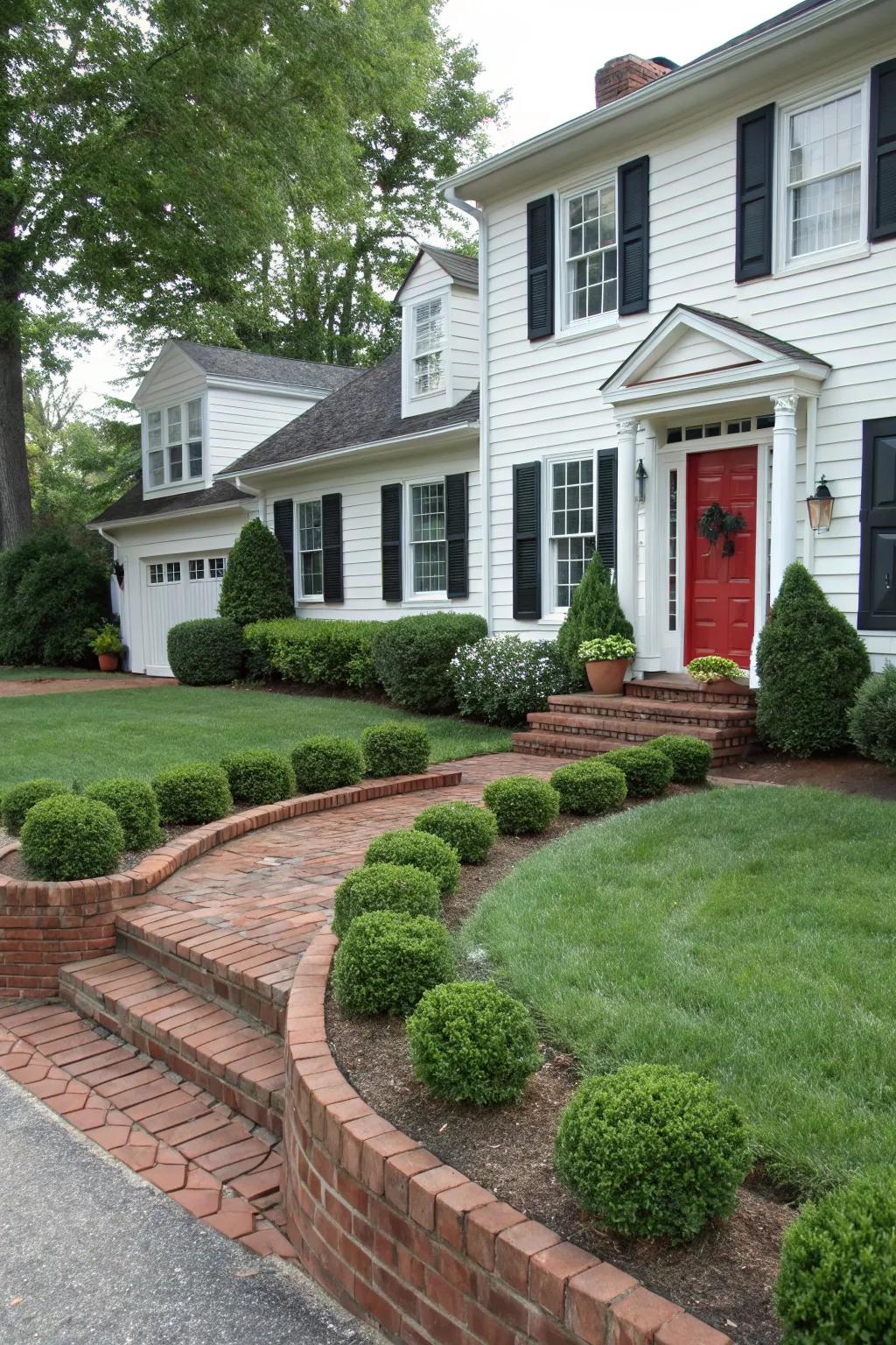 Brick edging offers a classic touch, enhancing the traditional look of a front yard.