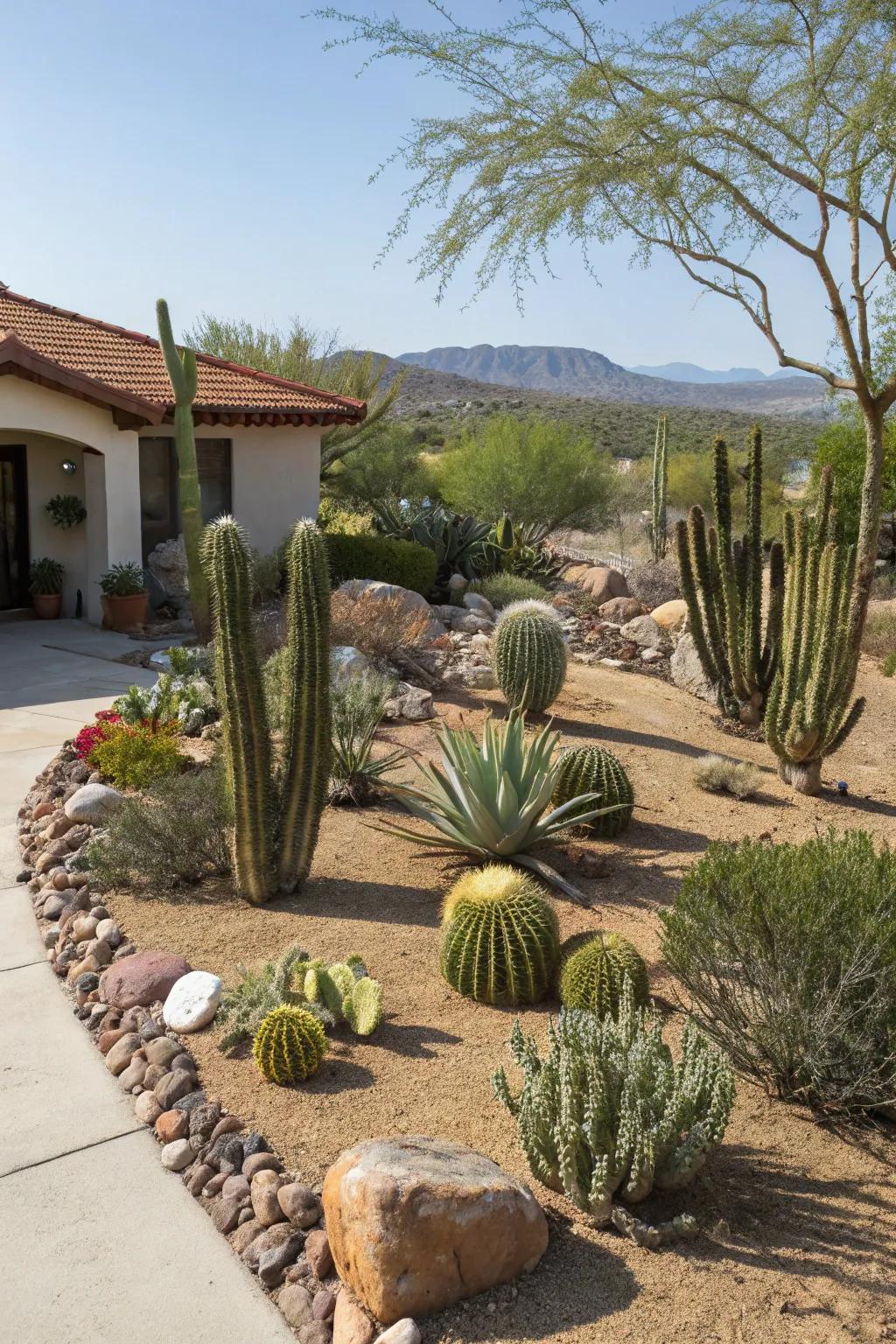 Cacti and succulents bring texture and resilience to an Arizona front yard.