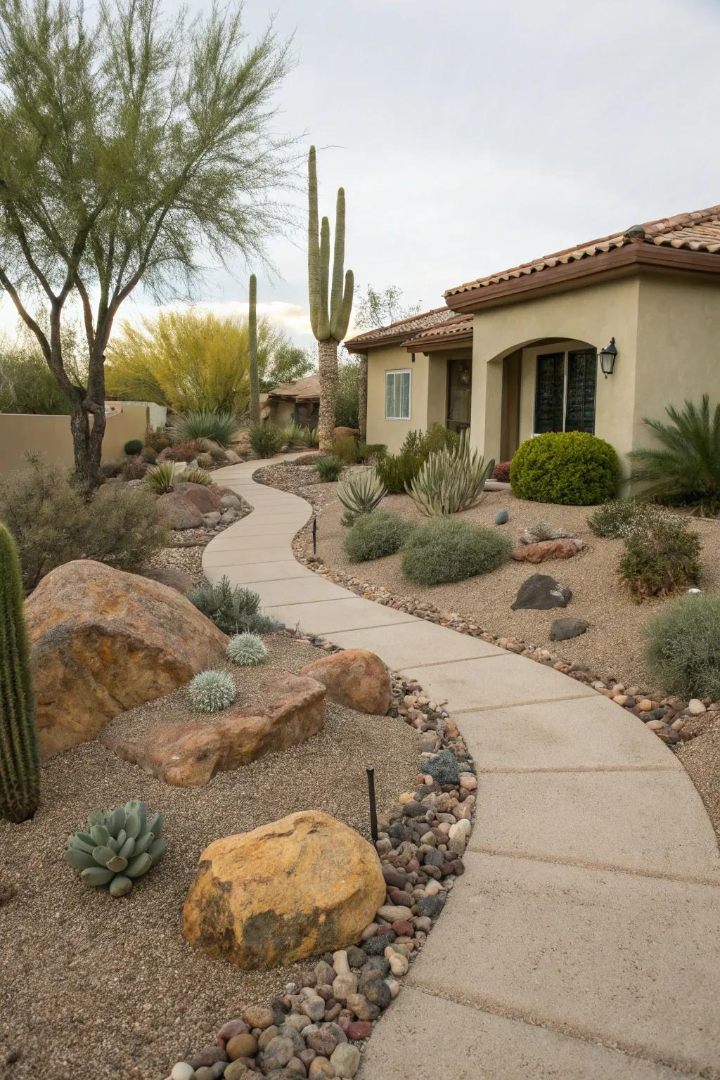 Gravel and rocks create a clean, low-maintenance Arizona front yard.