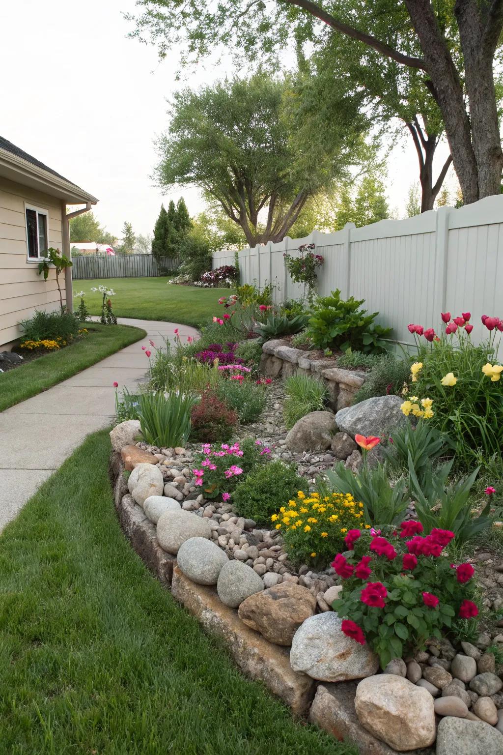 Rock borders that beautifully frame colorful flower beds.