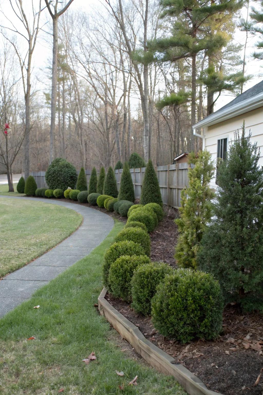 Evergreen shrubs adding structure and greenery to a Zone 6 front yard.