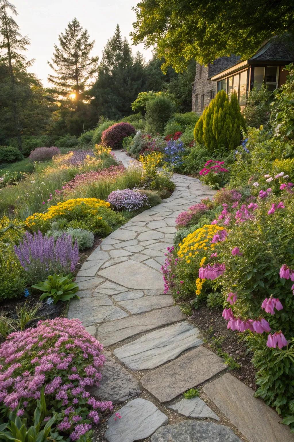 A charming stone pathway weaving through a colorful front garden.