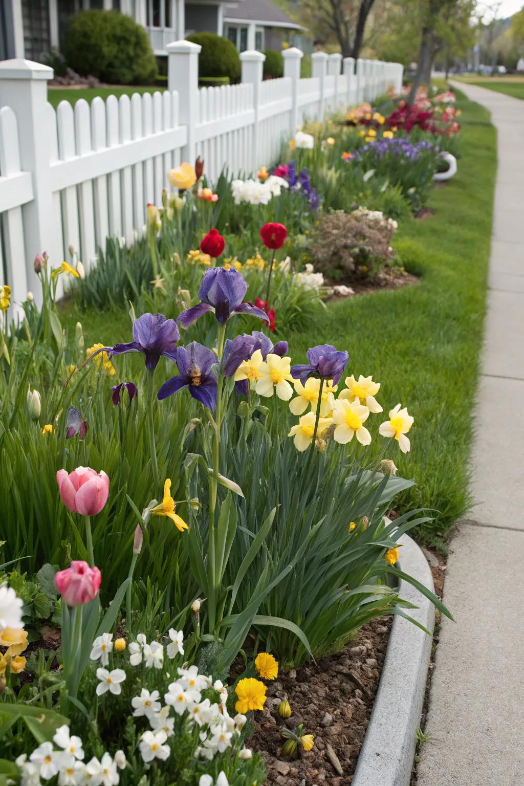 A vibrant flower bed with a mix of irises, tulips, and daffodils.